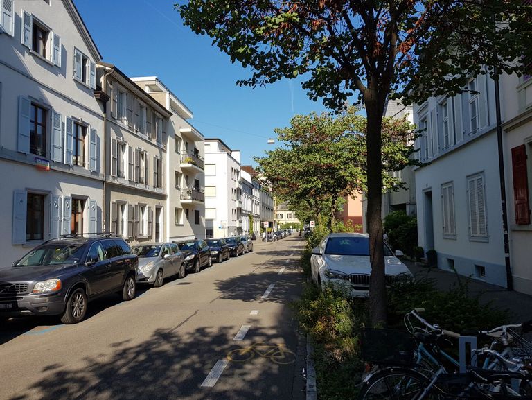Blick in die Eulerstrasse in Basel mit Bäumen, schmalem Velostreifen und parkierten Autos.